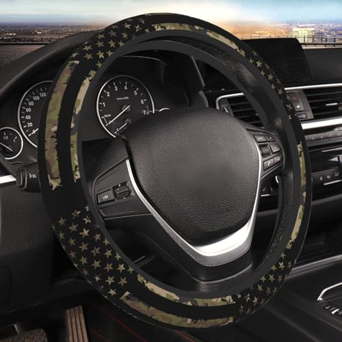 Camo American Flag Neoprene Steering Wheel Cover for Men Women Anti-Slip Elastic Steering Wheel Protective Cover 15in Universal Car Accessories Fit Cars, SUVs, Auto - color: Camo American Flag