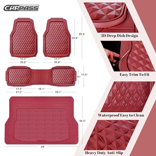 CAR PASS Heavy Duty Rubber Red Car Floor Mats & Cargo Liners, Deep Dish All-Weather Trunk Mats Durable Anti-Slip 3D Rhombus Waterproof Trim to Fit Liner Universal Fit Auto,Sedan,SUV,Truck, Burgundy - color: red with cargo liner