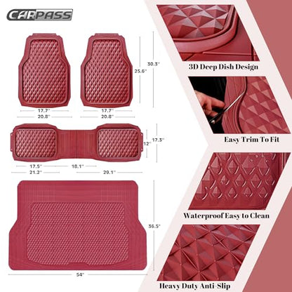 CAR PASS Heavy Duty Rubber Red Car Floor Mats & Cargo Liners, Deep Dish All-Weather Trunk Mats Durable Anti-Slip 3D Rhombus Waterproof Trim to Fit Liner Universal Fit Auto,Sedan,SUV,Truck, Burgundy - color: red with cargo liner