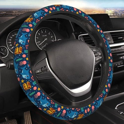 Cute Shark Print Car Steering Wheel Cover with Elastic Anti-Slip,for Steering Wheel with A Diameter of 15"