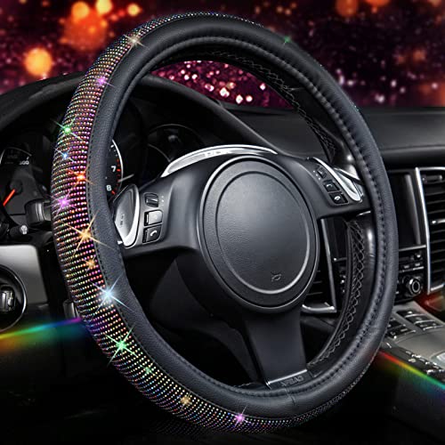 CAR PASS Diamond Leather Steering Wheel Cover, with Bling Crystal Rhinestones Fit Suvs,Vans,Sedans,Cars,Trucks Universal Fit 14.5-15inch Crystal Glitter for Women Sparkle Girl, Multicolor Diamond - color: Colorful Diamond