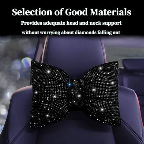 Car Headrest Pillow Bowknot Neck Support Pillow for Driver with Bow Tie Bling Diamond Head Neck Support Rhinestone Accessories for Girls and Women Black 2Pcs