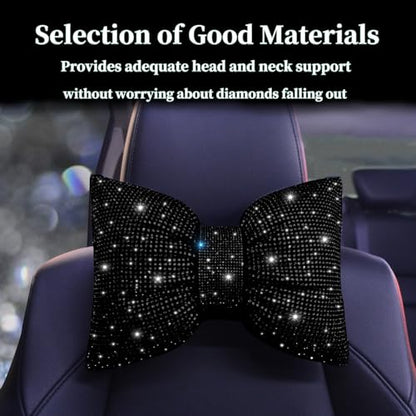 Car Headrest Pillow Bowknot Neck Support Pillow for Driver with Bow Tie Bling Diamond Head Neck Support Rhinestone Accessories for Girls and Women Black 2Pcs