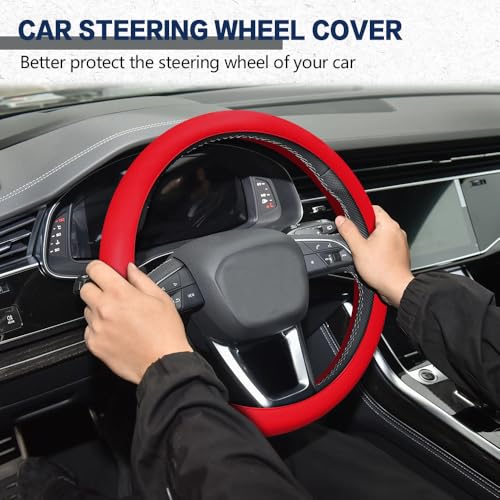 Car Steering Wheel Cover, Silicone Car Steering Wheel Protective Cover, 33-40 CM Anti-Slip Soft Comfortable Steering Wheel Cover for Women Men, Universal Accessories Fit Most Vehicles (Red) - color: Red