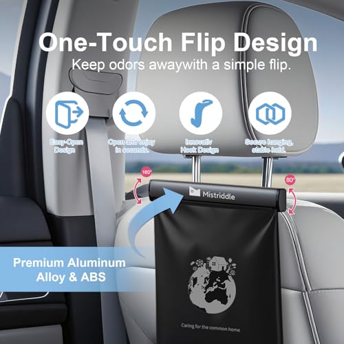 Mistriddle Headrest Hanging Car Trash Bag Holder - Aluminum Alloy with 25 Disposable Trash Bags, 2 Headrest Hooks, Compact Car Garbage Bin for Back Seat, Office, Travel & Camping (Black)