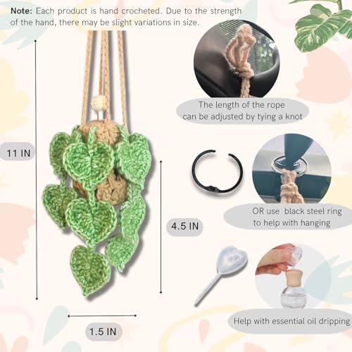 ROFIGL Handmade Crochet Hanging Car Air Freshener- Lifelike Green Pothos for Hanging with 12ml Thick Refillable Glass Diffuser Bottle, Suitable Decor for Car Rearview Mirror, Home & Wellness Spaces - style: Green Pothos