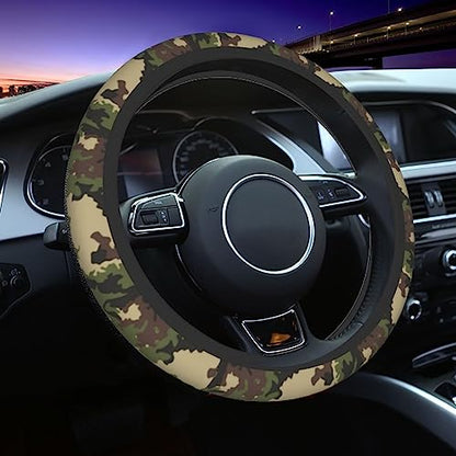 Green Camo Camouflage Steering Wheel Cover for Women Men with 2 Pcs Car Coasters, Universal 14.5-15 Inch Rainbow Steering Wheel Covers Non-Slip Car Accessories for Girls - color: Camo