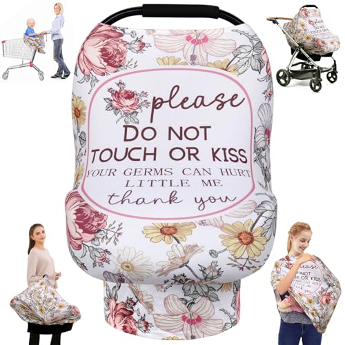 Metplus Car Seat Cover Baby Girl, No Touch Sign Carseat Canopy, Nursing Breastfeeding Covers, Stretchy Universal Fit, Multi-Use for Stroller/Shopping Cart/High Chair, Baby Shower Gift - color: STOP Flower