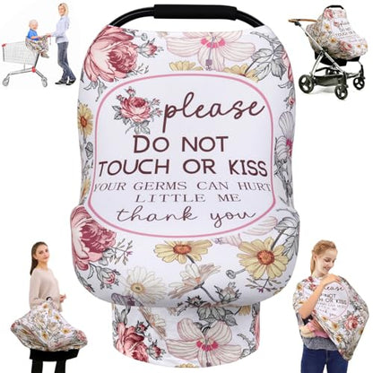 Metplus Car Seat Cover Baby Girl, No Touch Sign Carseat Canopy, Nursing Breastfeeding Covers, Stretchy Universal Fit, Multi-Use for Stroller/Shopping Cart/High Chair, Baby Shower Gift - color: STOP Flower