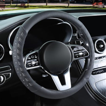3D Premium Skin-Feel Leather Large Steering Wheel Cover, Anti-Slip Breathable Soft Slim Design, 15.5 inch to 16 inch, Black with White - color: Black with White, size: Round-Large[15.5''-16'']
