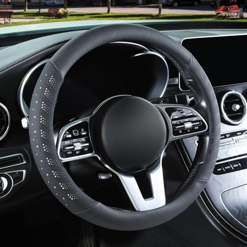 3D Premium Skin-Feel Leather Large Steering Wheel Cover, Anti-Slip Breathable Soft Slim Design, 15.5 inch to 16 inch, Black with White - color: Black with White, size: Round-Large[15.5''-16'']