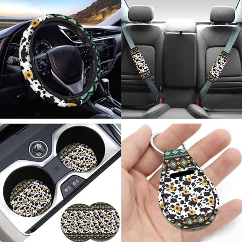 Aztec Cow Geometric Seat Covers for Car,11Pack Cow Auto Seat Covers for Front Back,Universal Fit Most Vehicle Truck SUV,Auto Steering Wheel Cover Seatbelt Pads Keychain Cup Holder Coasters - color: Aztec Cow