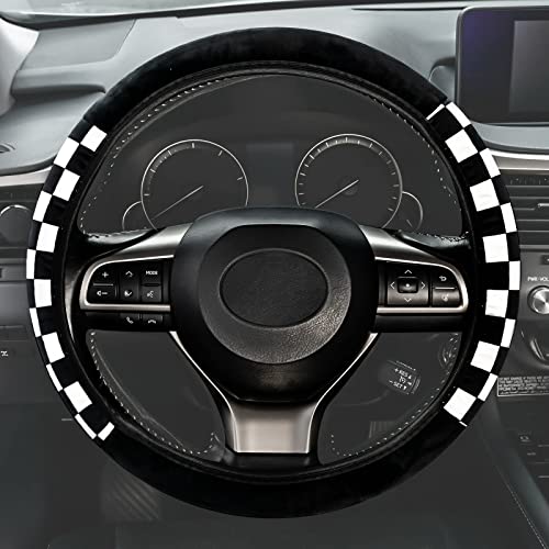 Fluffy Car Steering Wheel Covers Universal Checkered Plaid Wheel Protector Soft Plush Winter Keep Warm Steering Wheel Cover Fit for Truck, SUV, Cars