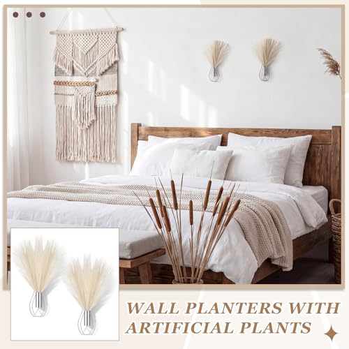 Otoolling 2 Pieces Hanging Plant Wall Decor with Artificial Pampas Grass Metal Hanging Vase Modern Geometric Farmhouse Bohemian Wall Art for Living Room Bedroom Kitchen Office (Silver, Beige)