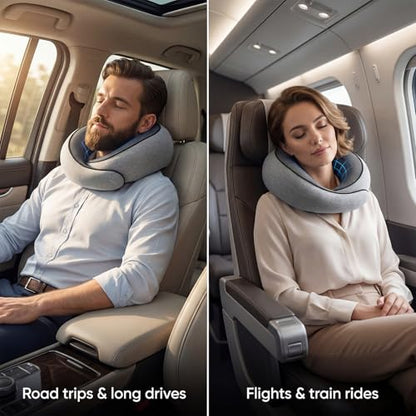 Memory Foam Neck Travel Pillow – 360° Adjustable Support, Breathable Washable Cover, Eye Mask & Earplugs, Carry Bag – Compact Airplane Pillow for Plane/Car/Train/Office (Grey) (Grey)