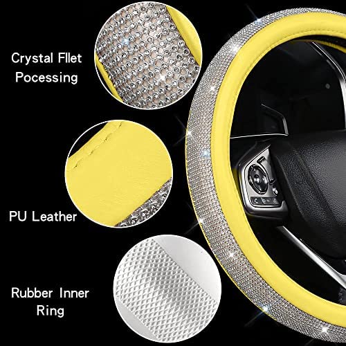 Bling Diamond Steering Wheel Cover, Leather Steering Wheel Covers for Women Girls with Crystal Rhinestones, Breathable, Anti-Slip Universal Fit 14.5-15 Inch Bling Car Accessories(Yellow) - color: Yellow
