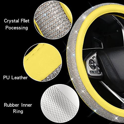 Bling Diamond Steering Wheel Cover, Leather Steering Wheel Covers for Women Girls with Crystal Rhinestones, Breathable, Anti-Slip Universal Fit 14.5-15 Inch Bling Car Accessories(Yellow) - color: Yellow