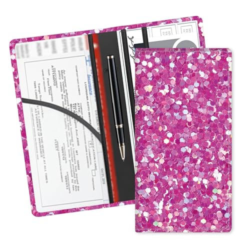 Leather Car Registration and Insurance Card Holder, Cute Car Accessories Vehicle Glove Box Car Organizer for Documents, Cards, License Glitter Purple Pattern - color: Glitter Purple Pattern