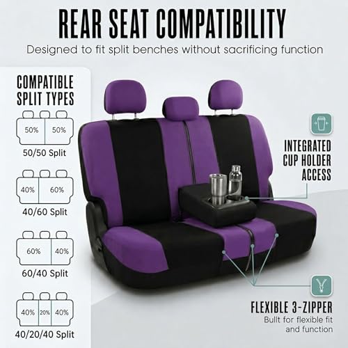 FH Group Full Set Car Seat Covers Cloth, Universal Fit combo, Set with Steering Wheel Cover and Seat Belt Pad fits Most Cars, SUVs, Trucks Purple - color: Purple