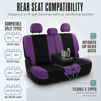 FH Group Full Set Car Seat Covers Cloth, Universal Fit combo, Set with Steering Wheel Cover and Seat Belt Pad fits Most Cars, SUVs, Trucks Purple - color: Purple