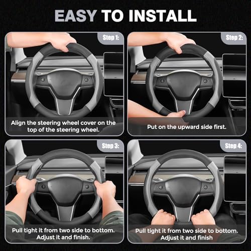 Car Steering Wheel Cover, Microfiber Leather Steering Wheel Covers with Anti-Slip Lining, Breathable Elastic Car Steering Wheel Protector, Universal Standard Size 14-15 inch - color: GrayBlack