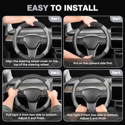 Car Steering Wheel Cover, Microfiber Leather Steering Wheel Covers with Anti-Slip Lining, Breathable Elastic Car Steering Wheel Protector, Universal Standard Size 14-15 inch - color: GrayBlack
