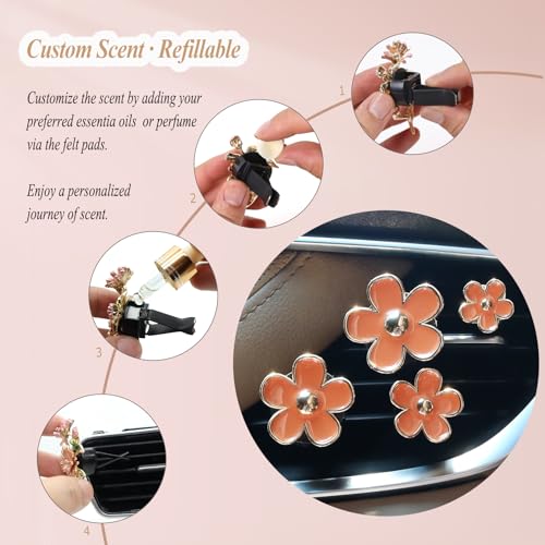 ORIESSE Orange Car Accessories,4pcs Coral Flowers Air Vent Clips,Refillable Car Air freshener,Girly 4 Size Sparkle Daisy Vent Clips