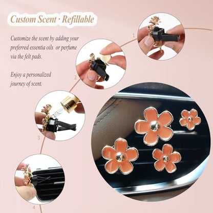 ORIESSE Orange Car Accessories,4pcs Coral Flowers Air Vent Clips,Refillable Car Air freshener,Girly 4 Size Sparkle Daisy Vent Clips