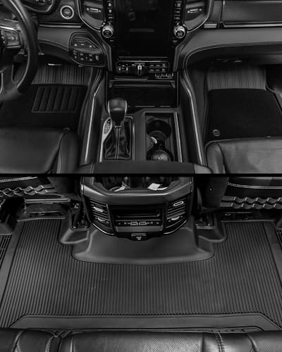 3W Floor Liner & Carpet Top Bundle for 2019-2024 Dodge Ram 1500 Crew Cab (New Body/Without Storage) All-Weather 1st & 2nd Row TPE Mats Set, Not for Classic Models - size: 19-24 Ram 1500 w/o Storage Floor Mats & Carpet