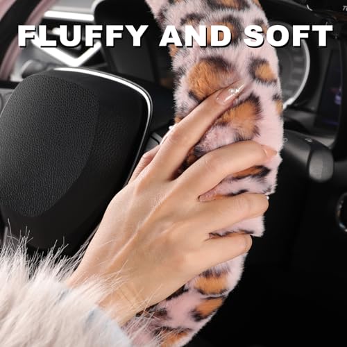 SEG Direct Furry Car Steering Wheel Cover with Gear Shift Cover, Soft and Warm, Cute Fluffy Auto Decor for Women Men, Standard Size, 2 PCS Set, Pink Leopard - color: Pink Leopard