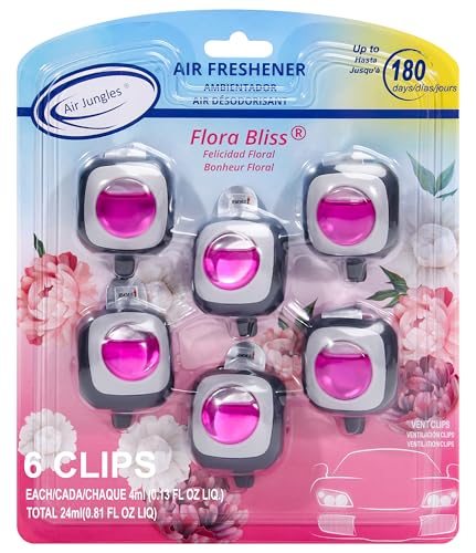 Air Jungles Flora Bliss Scent Car Air Freshener Clip, 6 Vent Clips, 4ml Each, Long Lasting Air Freshener, Up to 180 Days Car Refresher Odor Eliminator - color: Flora Bliss, size: 6 Count (Pack of 1)
