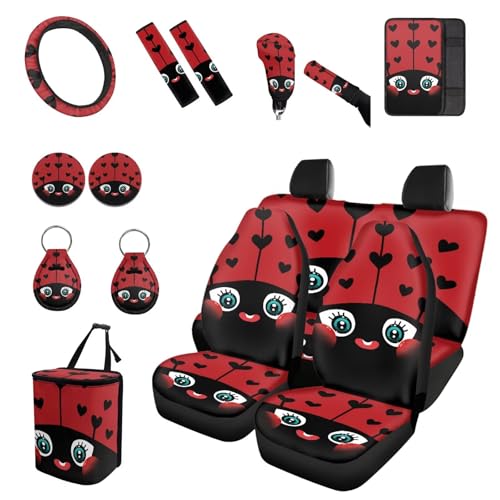 Forchrinse Cartoon Ladybug Car Seat Covers Steering Wheel Cover Armrest Seatbelt Pads Cup Holder Keychain Gear Handbrake Cover Trash Can for Truck SUV,Universal 15Pack Auto Interior Protector Set - color: Cartoon Ladybug Print