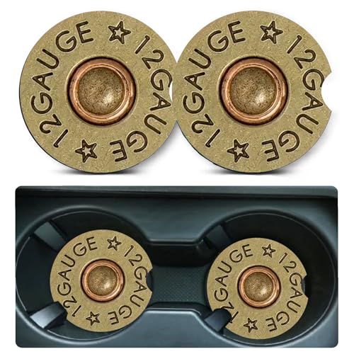 Car Coasters for Cup Holders,2 Pack Cool 12 Gauge Bullet Shaped Brass Rubber Car Cup Holder Coasters,2.75" Universal Size Anti Slip Rubber Mat,Automotive Cup Holder Decal Decor for Men,Dad - color: 12gau