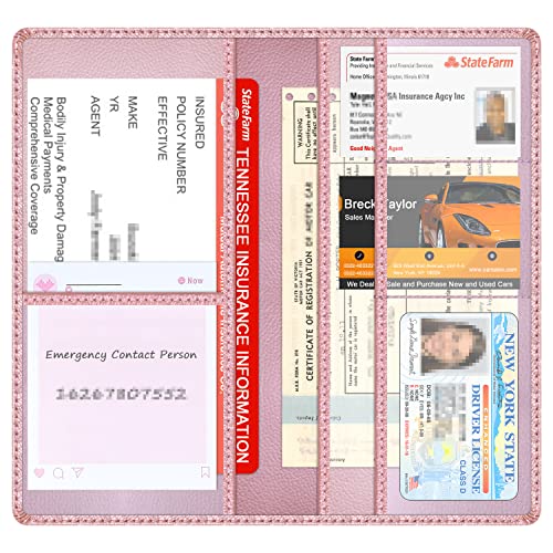 Car Insurance and Registration Holder, 9.5 x 5 Inch PU Leather Vehicle Glove Box Organizer Wallet Case for Insurance Card, Driver License, Paperwork - Rose Gold - color: RoseGold