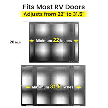 Premium Adjustable RV Entry Screen Door Grille, Adjusts from 22"- 31.5", Aluminum Alloy Protector Guard for RV, Camper- Black