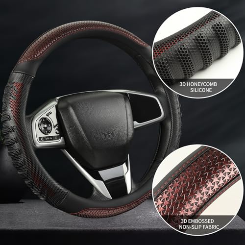 D Shaped Steering Wheel Cover Great Grip with 3D Honeycomb Hole, Anti-Slip Sporty Design, Universal 15 inch(Black with Burgundy) - color: Black with Burgundy, size: D Shaped-Middle[14.5''-15'']