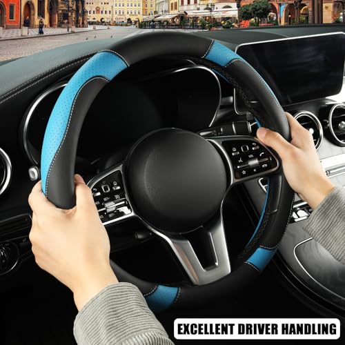 Leather Auto Car Steering Wheel Cover Anti-Slip Heavy Duty, Elegant, Non-tonix, Universal 15 Inch, Black&Blue - color: Black Blue, size: Round-Middle[14.5''-15'']