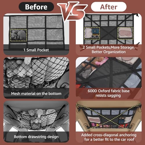 Extra Large Car Ceiling Cargo Net 43.3×27.5 Inch for SUV Minivan Truck Van,Roof Storage Organizer, Overhead Mesh Cargo Holder,Fits Most 4 Handle Vehicles for Road Trip Camping Travel - size: 43.3"×27.5"