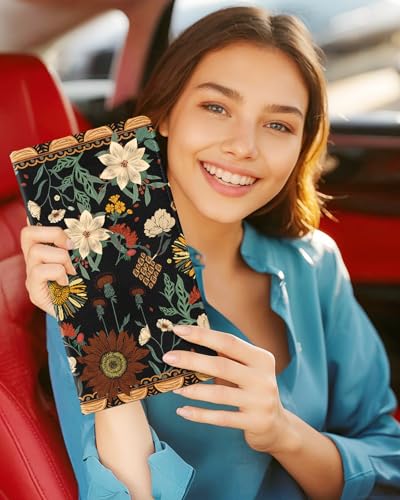 Slohif Car Registration and Insurance Holder - Boho Vehicle Glove Box Organizer Women with Magnetic Shut Leather Automobile License Holders Coasters Auto Accessories Case for Document - color: Art Flowers