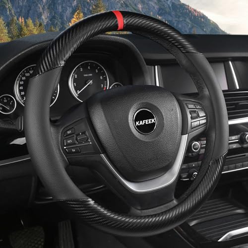 Carbon Fiber Steering Wheel Cover for Men, Universal 15 inch Leather Car Steering Wheel Cover, Anti-Slip & Breathable, Microfiber Leather Automotive Accessories, Sporty Design, Black - color: Black, size: Standard size[14.5"-15"]