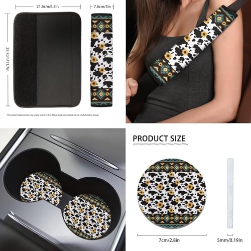 Aztec Cow Geometric Seat Covers for Car,11Pack Cow Auto Seat Covers for Front Back,Universal Fit Most Vehicle Truck SUV,Auto Steering Wheel Cover Seatbelt Pads Keychain Cup Holder Coasters - color: Aztec Cow