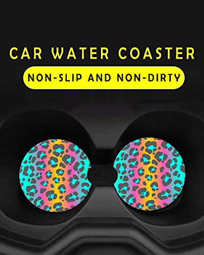 CLEVI 2 Pack Universal Ceramic Car Abstract Colorful Cheetah Leopard,Ceramic Stone with A Finger Notch for Easy Removal of Car Cup Holder Coaster - color: Colorful Cheetah Leopard