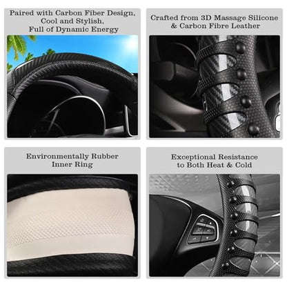 Car Leather Steering Wheel Cover - Carbon Fibre Material, Universal 14.5-15 Inch Leather Anti-Slip Breathable Auto Steering Wheel Covers for Men Women (3D Massage - Sports Black) - color: 3D Massage - Sports Black