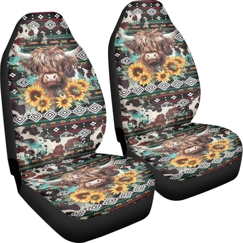Highland Cow Front Car Seat Cover for Women Men Sunflower Universal Bucket Seat Cover Southwest Africa Aztec 2 Pieces Automotive Seat Covers Set - color: Highland Cow Sunflower3
