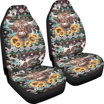 Highland Cow Front Car Seat Cover for Women Men Sunflower Universal Bucket Seat Cover Southwest Africa Aztec 2 Pieces Automotive Seat Covers Set - color: Highland Cow Sunflower3