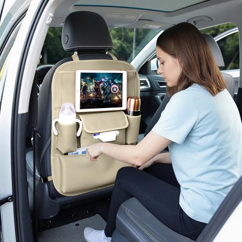 Car Seat Organizers Waterproof Backseat Protector with Storage Pocket Large Leather Kick Mats for Kids Pets Automobile SUV Truck (Beige, Large Pocket) - color: Beige