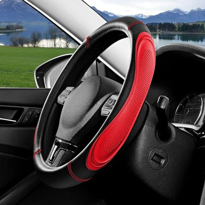 Red Film Splicing Leather Steering Wheel Cover, Microfiber Leather, Anti-Slip, Breathable, Universal Fit for 14.5–15 in Steering Wheel Cover for Men Women - color: Film-Grained - Red
