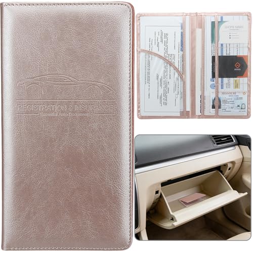 Car Registration and Insurance Holder, Premium Pu Leather Vehicle Glove Box Organizer - for Driver License, Cards & Essential Documents (L-Rose Gold) - color: 09-Rose Gold, size: Large