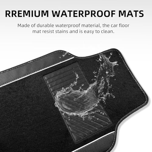 NBTEPEM Microfiber Steering Wheel Cover and Waterproof Car Floor Mats, Universal Fit Most Truck, SUV, Cars, 14.5-15inch Sporty Steering Wheel Covers with Anti-Slip Lining (Black with White line)