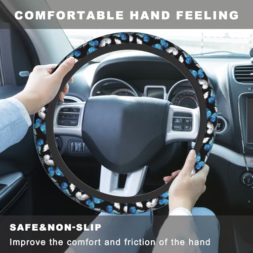 Blue Black Butterfly Steering Wheel Cover, Cute Butterflies Anti-Slip Breathable Car Accessories Interior Elastic Steering Wheel Cover for Men Women Fit Auto, SUV Vans Truck Universal 14.5-15 Inch